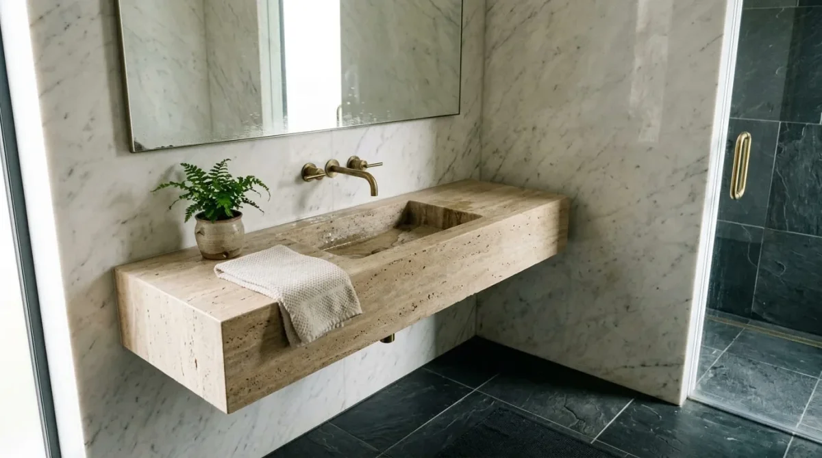 Łazienka z kamienia naturalnego – blaty, ściany i posadzki z jednego materiału